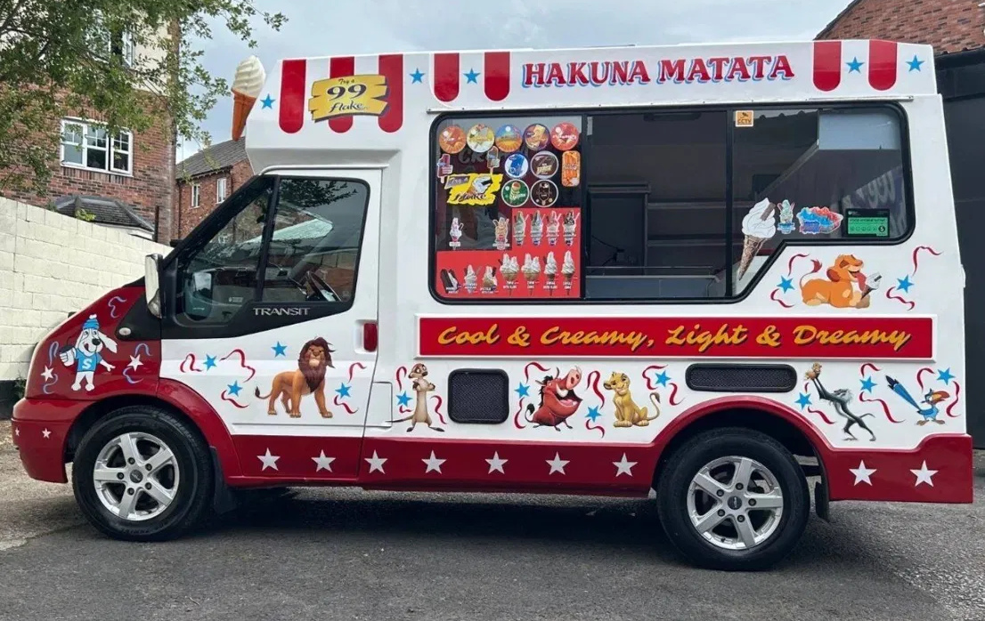 Tony's Ice Creams — the Hakuna Matata van, a red and white Ford Transit ice cream van based in Frome, Somerset